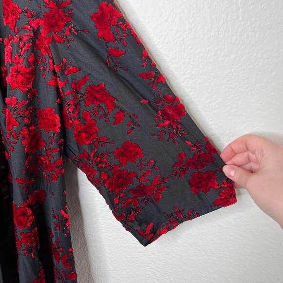 Alex Evenings Womens Red Black Floral Velvet Burnout Whimsygoth Cardigan kimono - Picture 5 of 9